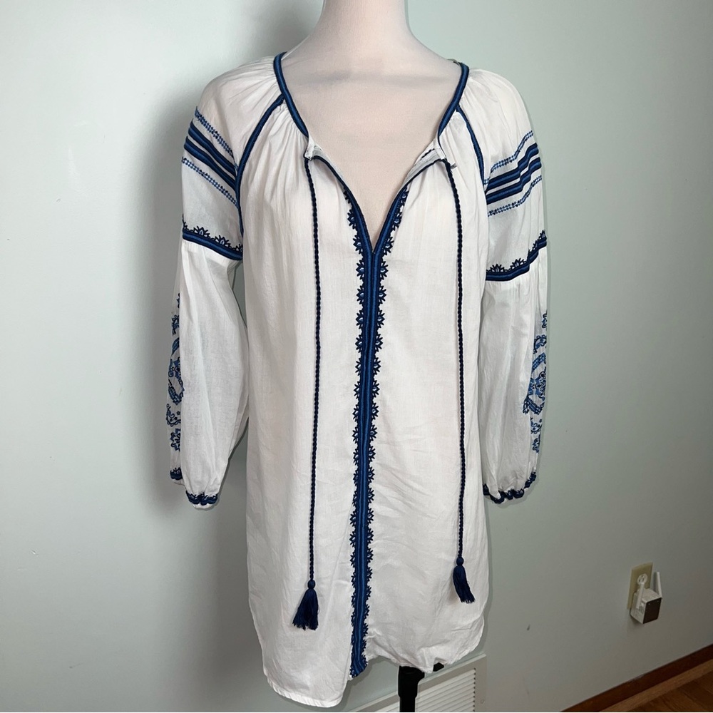 Blue Island White Blue Embroidered Cotton Swim Cover Tassel Boho Beach Tunic M - Picture 3 of 15